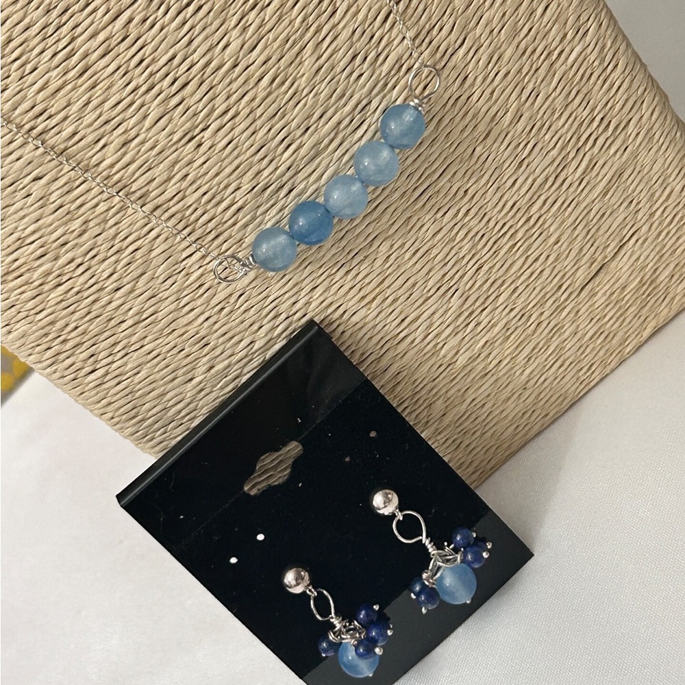 Sterling Silver Necklace & Earrings.  Jewelry Set.  Aquamarine & Lapis Lazuli